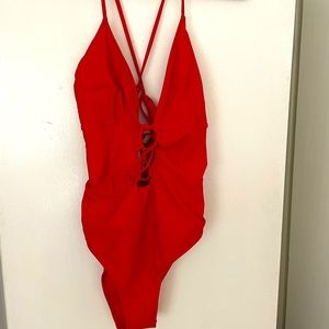 Abercrombie and Fitch red lace up one piece plunging V-neck swimsuit